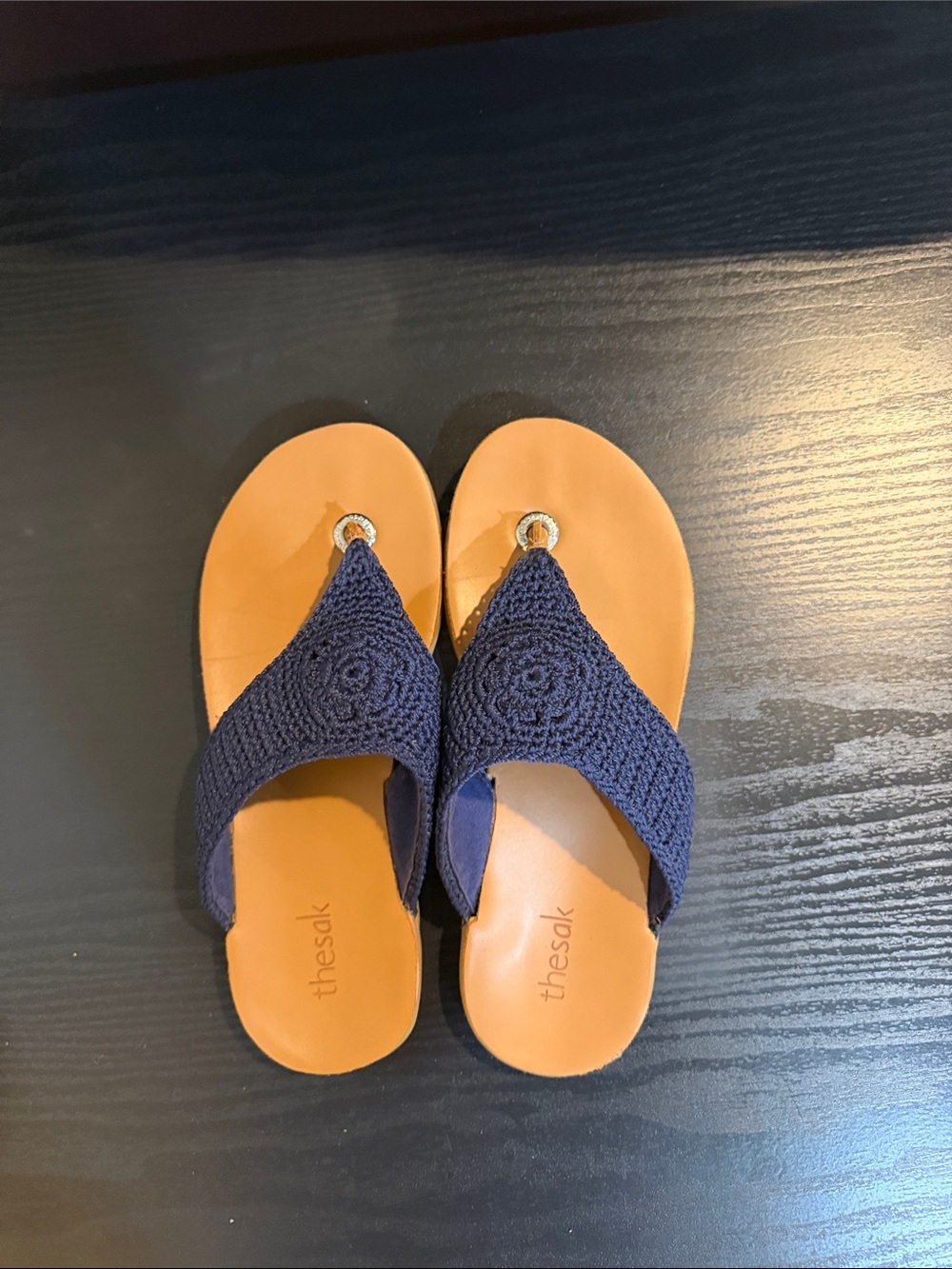 The Sak Navy Crochet Thong Sandals with Tan Footbed